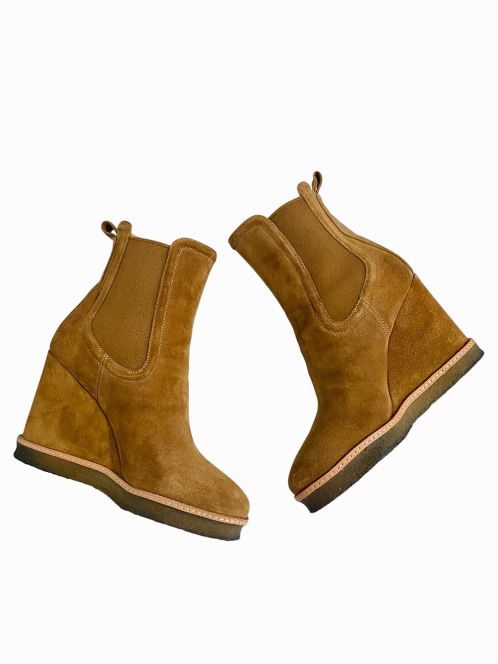 Veronica Beard Aari Wedge Heel Chelsea Boots Size 8 Brown Leather Suede - Picture 9 of 13